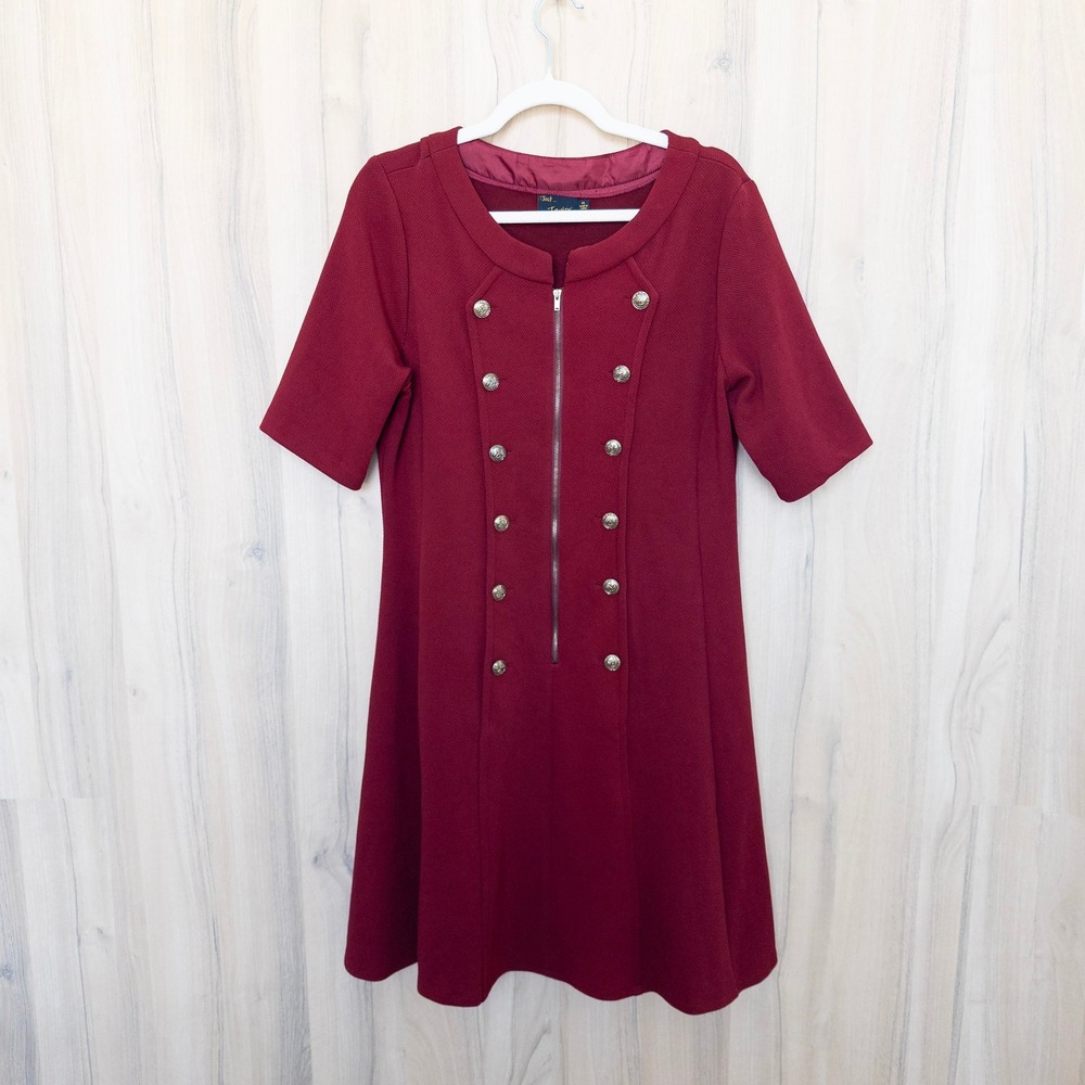 Just Taylor Dress 14 Burgundy Military Zipper Front‎ Academia Preppy Office